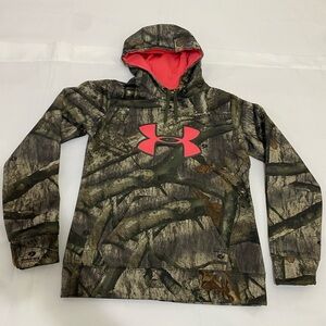 Under Armour Mossy Oak Camo Big Pink Logo Hoodie Women's Small Semi-Fitted